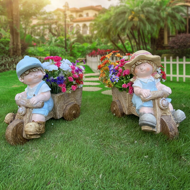 戶外花園擺件卡通男孩玻璃鋼花盆別墅庭院花園小區幼兒園裝飾小品