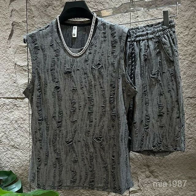 爆款輕奢洋氣無袖T恤男士短褲時尚百搭純色背心夏季潮牌圓領套裝