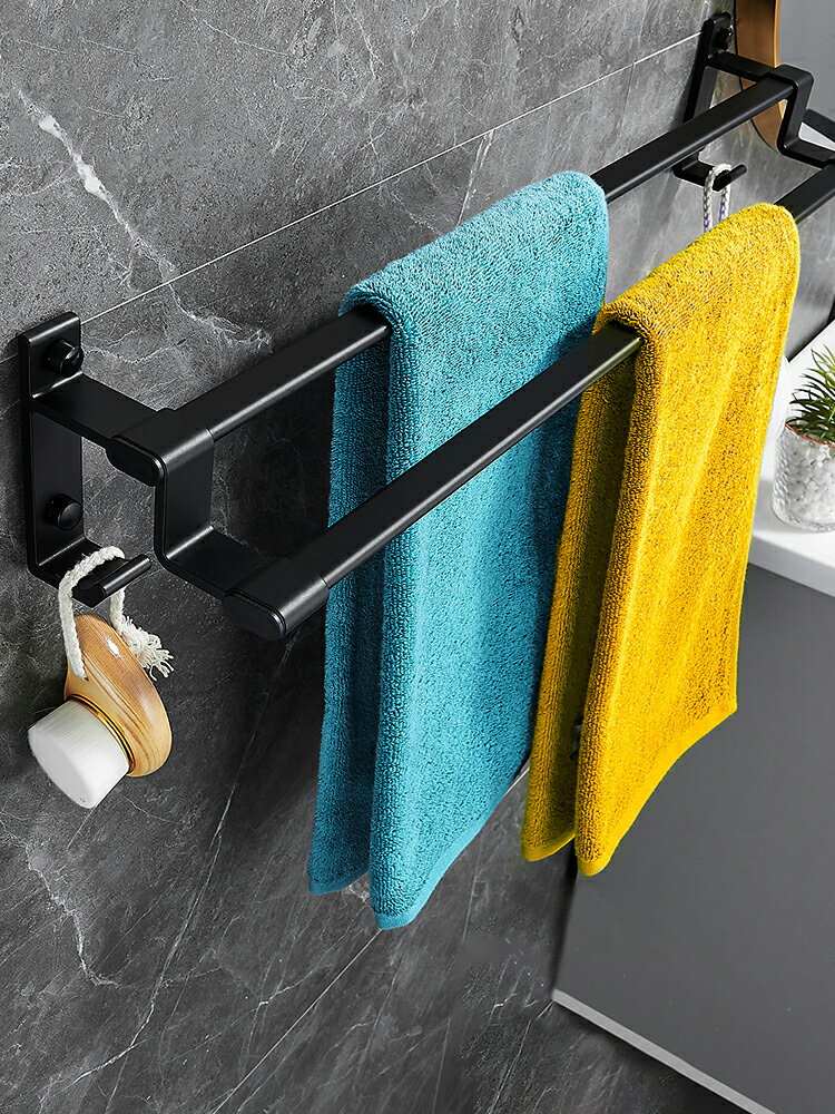 黑色北歐簡約創意免打孔衛生間太空鋁毛巾架單桿陽臺毛巾掛架浴室