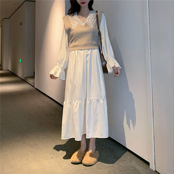 兩件式 蕾絲 翻領 洋裝 連身裙 連衣裙 長裙 長洋裝 襯衫 喇叭袖 荷葉 氣質 婚宴 婚禮 過年 新年 韓國 ANNA S.599 1
