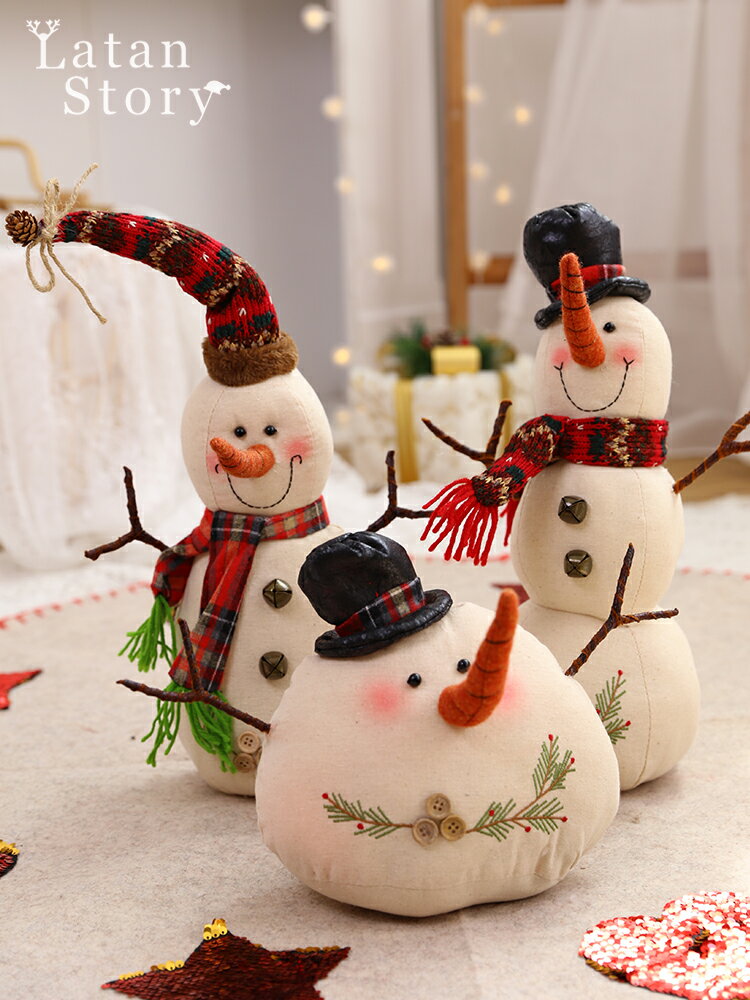 圣誕節裝飾白色雪人公仔帶帽圍巾小胖子雪人商場櫥窗氣氛擺件裝飾
