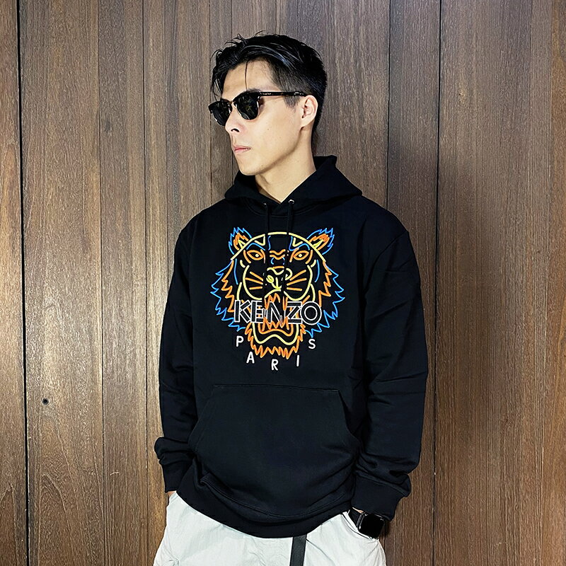 美國百分百【全新真品】KENZO 高田賢三 連帽上衣 棉質 長袖 上衣 logo 老虎 帽T 黑色 AG97