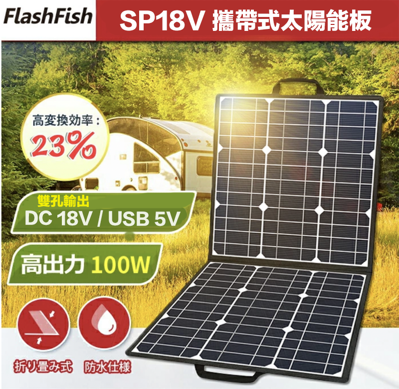 【eYe攝影】全新 FlashFish 太陽能充電器 100W 攜帶式 太陽能板 DC USB 5V 救援 露營 停電