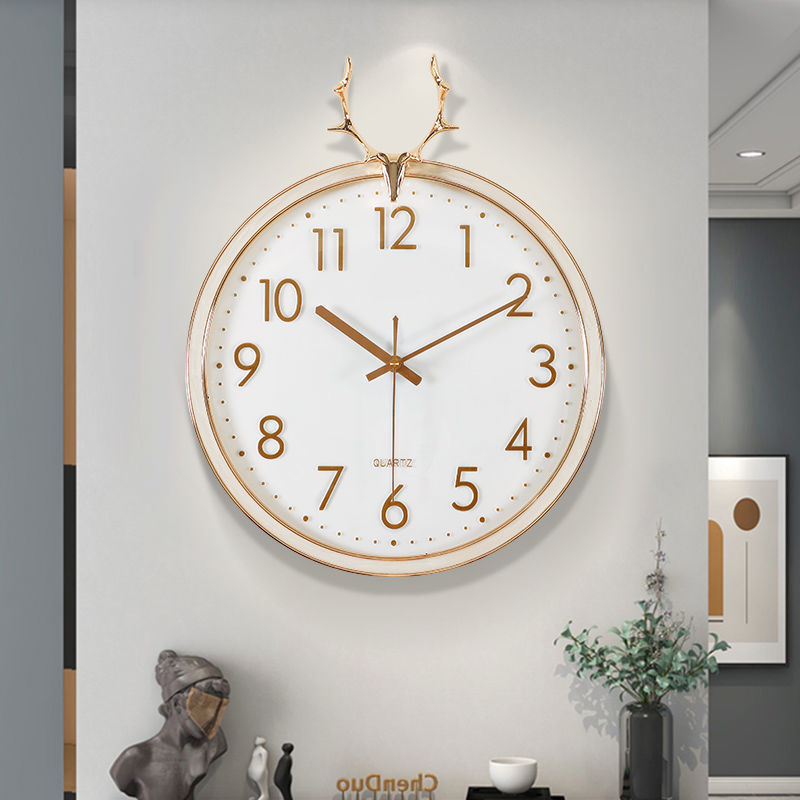 可開發票 北歐鹿頭鐘表掛鐘客廳家用時尚靜音掛表輕奢現代簡約掛墻裝飾時鐘