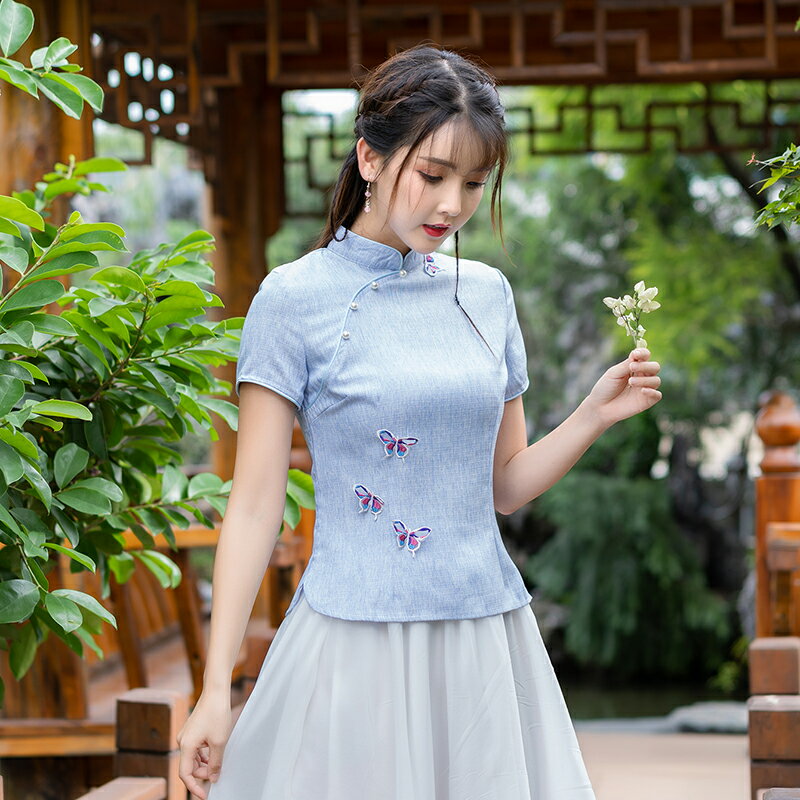 夏季中國風復古中式短款旗袍上衣學生裝改良漢服唐裝上衣茶服