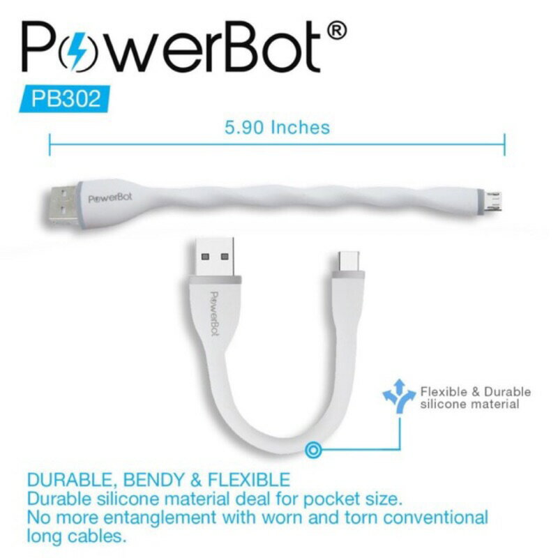 美國Powerbot micro Usb 快速充電線 行動電源短線 PB302 軟Q矽膠 不易斷裂