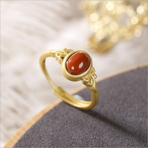 天然橢圓形s925古法金故宮人造南紅寶石女款開口精美時尚古典戒指