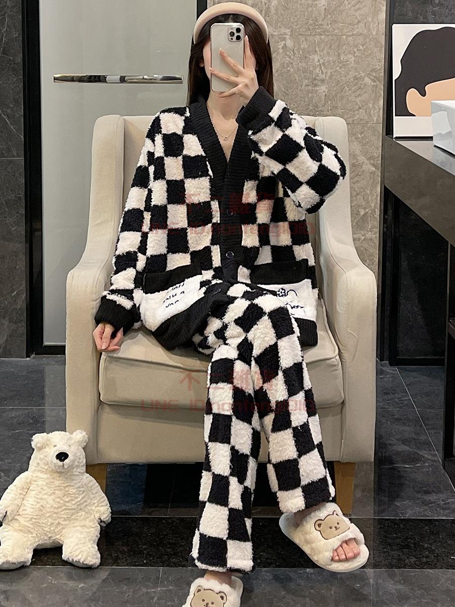 珊瑚絨睡衣 女款秋冬季高階感棋盤格法蘭絨小熊冬家居服【樹可雜貨鋪】【不二雜貨】