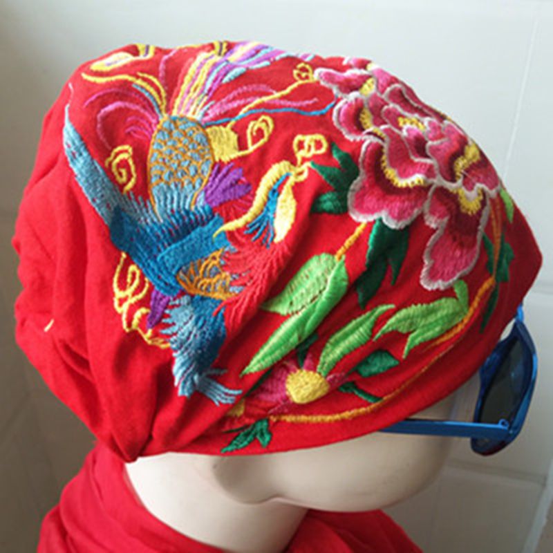 中國風民族風刺繡花帽子女復古牡丹鳳凰刺繡花頭巾帽包頭潮帽子女