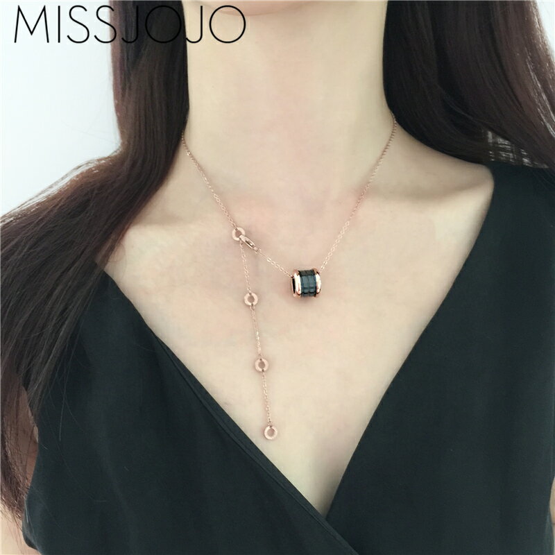 日韓版簡約個性陶瓷彈簧刻字羅馬數字鈦鋼圓環鍍18K項鏈女毛衣鏈