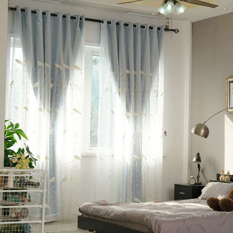 【立體可愛花紋】雙層遮光窗簾 網紗窗簾 棉麻底紗 小清新風格 隔熱性佳 -藍/粉/綠/米/灰【AAA3361】 1