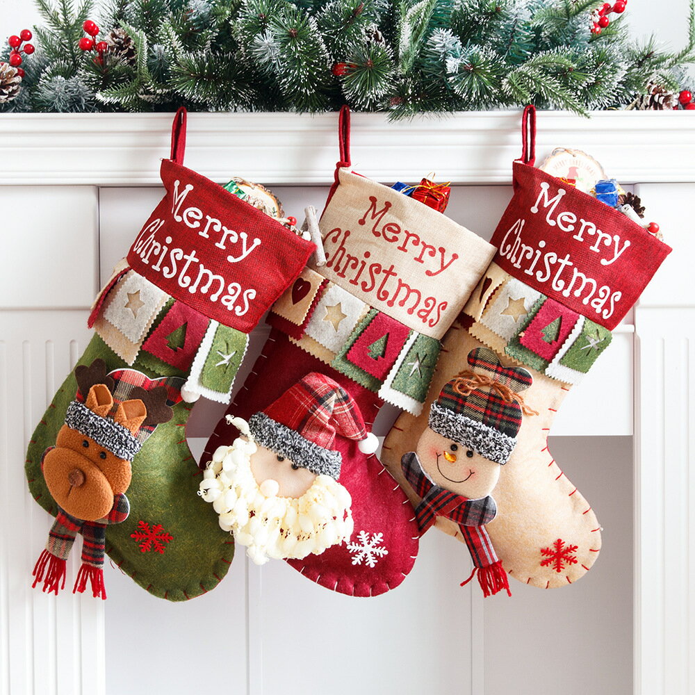 聖誕節創意英文袋老人雪人兒童禮物糖果袋絨布紅色手提袋