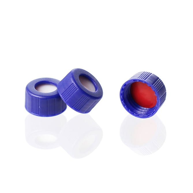 vial瓶用蓋及紅PTFE/白Silicone墊片,2mL,9-425螺牙,藍色(低型)中孔,C0000143 | ALWSCI【東昇】