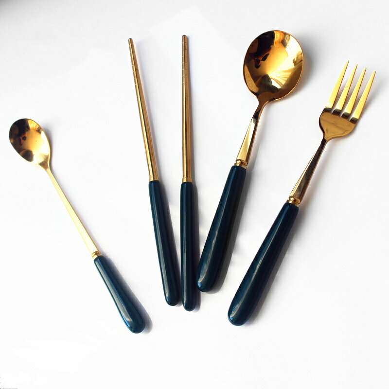 北歐高檔陶瓷綠色瓷柄不銹鋼勺筷叉套裝創意叉勺筷子勺子家用餐具