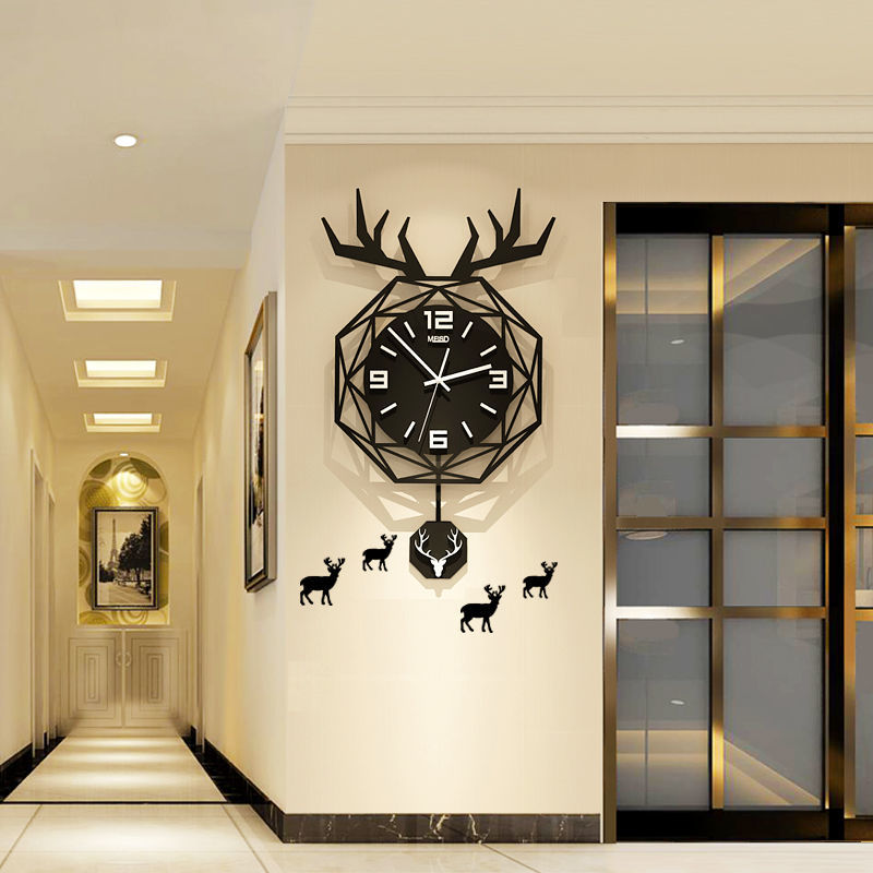 北歐鹿頭掛墻鐘表掛鐘客廳現代簡約創意輕奢網紅時尚家用時鐘大氣