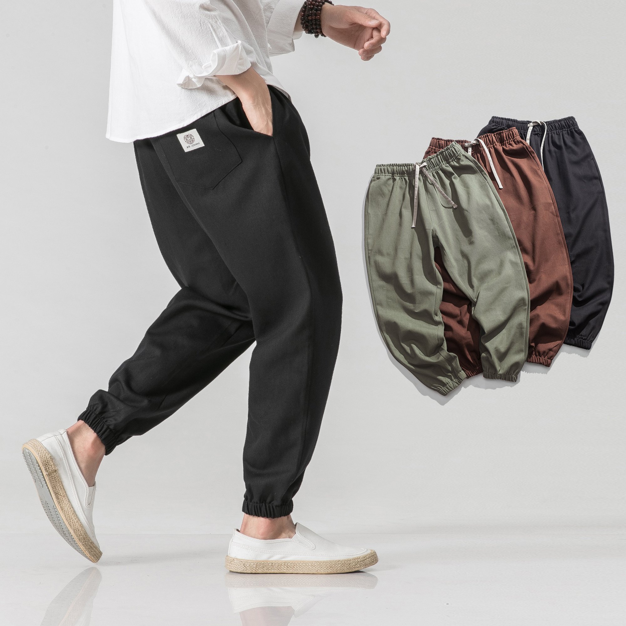 FINDSENSE H1四季款 新款 日本 文藝 復古風 貼標純色 大碼寬鬆 收口 舒適休閒褲 潮男褲子