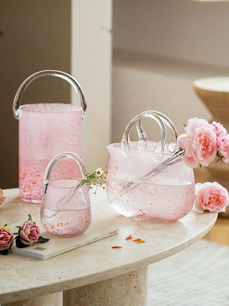 南十字星 創意手提玻璃花瓶ins客廳插花擺件水培透明草莓包包花瓶