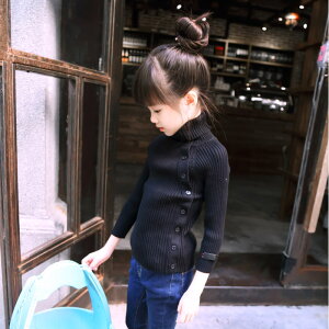 童裝 2016冬裝新款韓版紐扣設計女童高領修身高彈力打底衫毛衣1入
