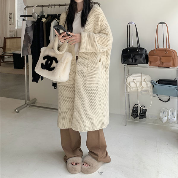 ANNAS 正韓 特價 芭比粉 外套 粗針織罩衫 長版 寬鬆 大衣 毛衣 韓國 5