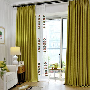 綠色窗簾純色棉麻布料簡約現代客廳遮光防曬成品窗紗陽臺臥室紗簾