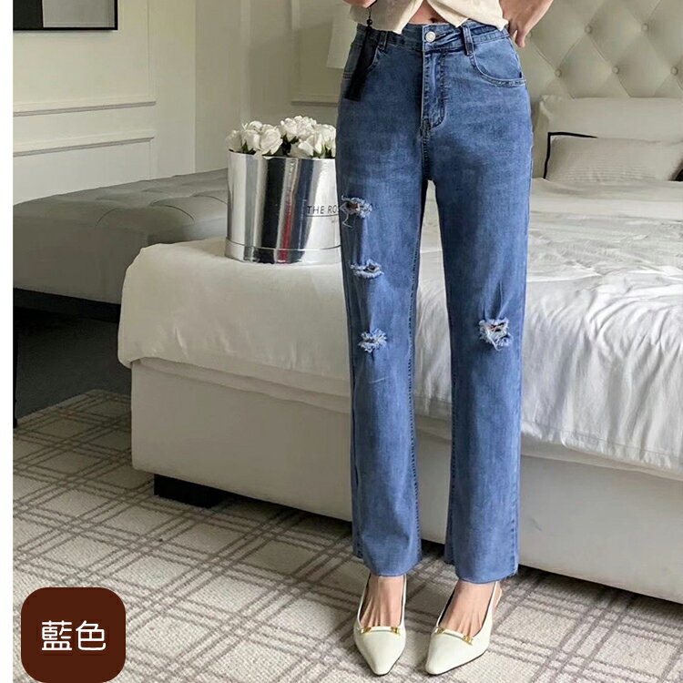 抓破寬版直筒牛仔褲(M-3L)   【B370322】 3