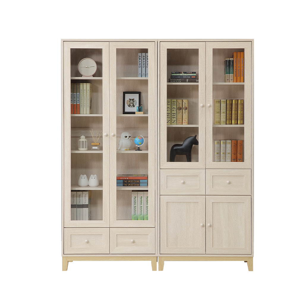 【直人木業】COCO田園奶油風玻璃書櫃組160公分(下二抽80公分+中二抽80公分) 1