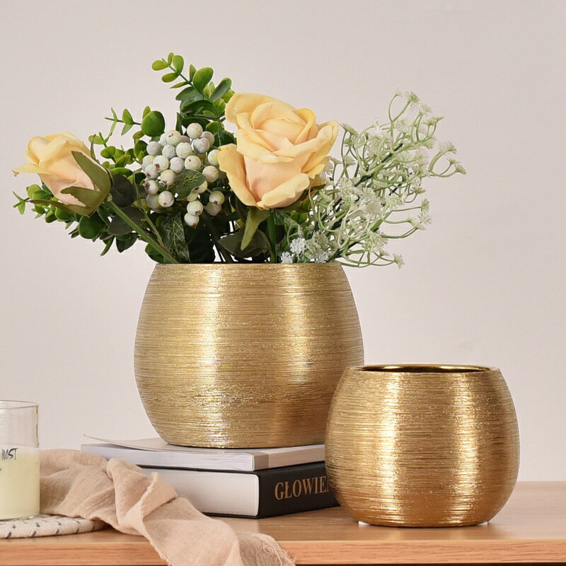 鍍金色陶瓷拉絲多肉圓形花盆ins歐式客廳擺件花瓶花器