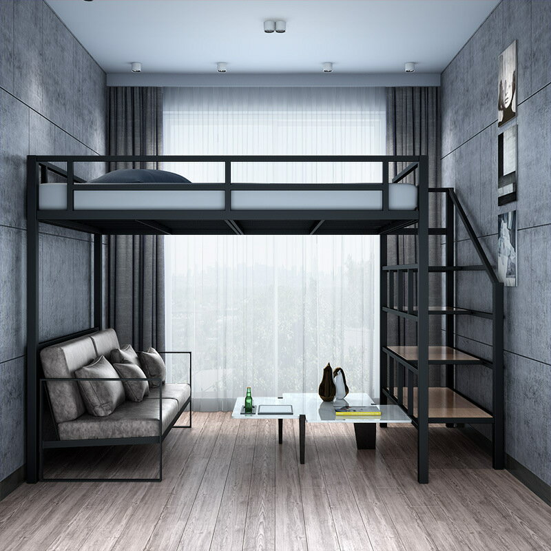 高架床公寓多功能鐵藝書柜一體省空間雙層復式二樓床上床下桌
