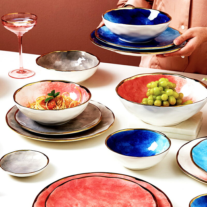 【6折清倉】創意歐式輕奢碗盤餐具家用金邊陶瓷米飯碗牛排西餐盤