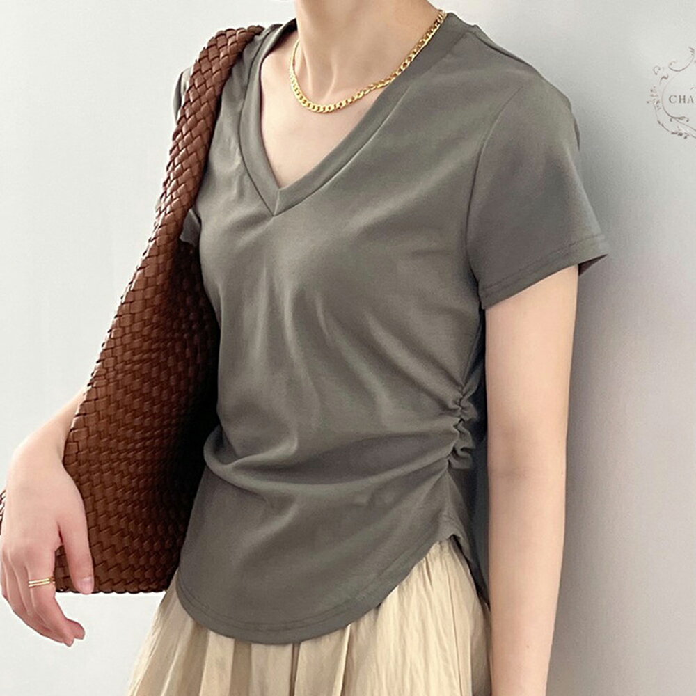 Charlotte 賽羅棉春夏褶皺V領短袖T恤 女生顯瘦收腰短款上衣 韓系風細腰短袖上衣 吸濕排汗T【CHT27】