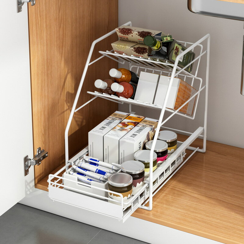 廚房下水槽置物架可伸縮臺面2層抽拉式抽屜架子櫥柜內分層收納架