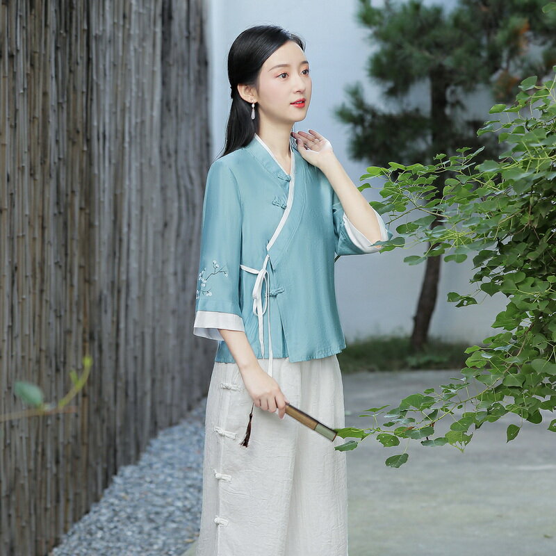古裝採耳工作服夏季漢服禪意女裝茶藝服中式唐裝上衣民國風兩件套