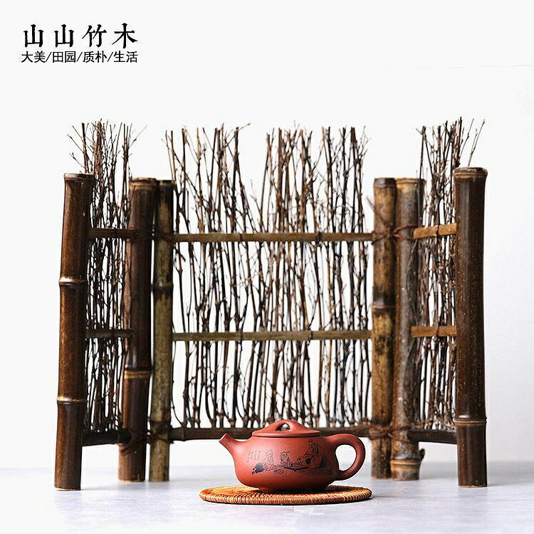 山山竹木中式屏風隔斷紫竹小籬笆可折疊折屏茶臺裝飾茶具攝茶寵擺