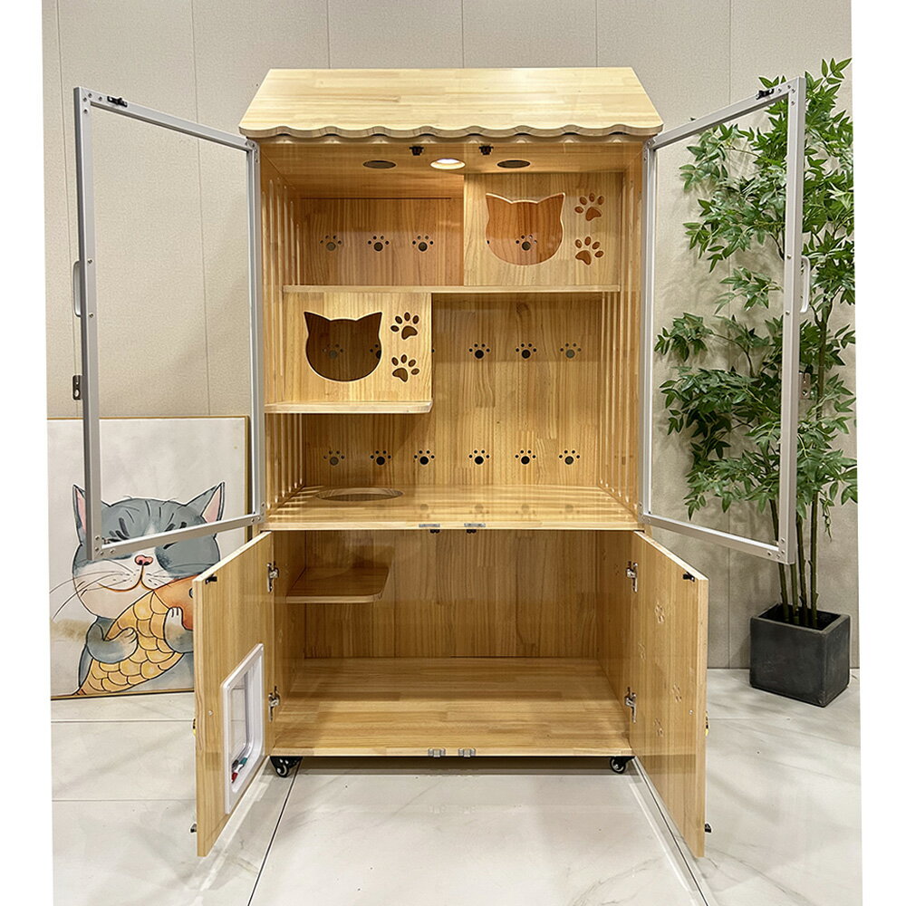 【台灣現貨】防水實木貓別墅 帶屋頂貓舍 豪華貓櫃 家用大空間貓房子 帶自由門出入貓窩 室內不占地貓籠子（90*60*170cm） 1