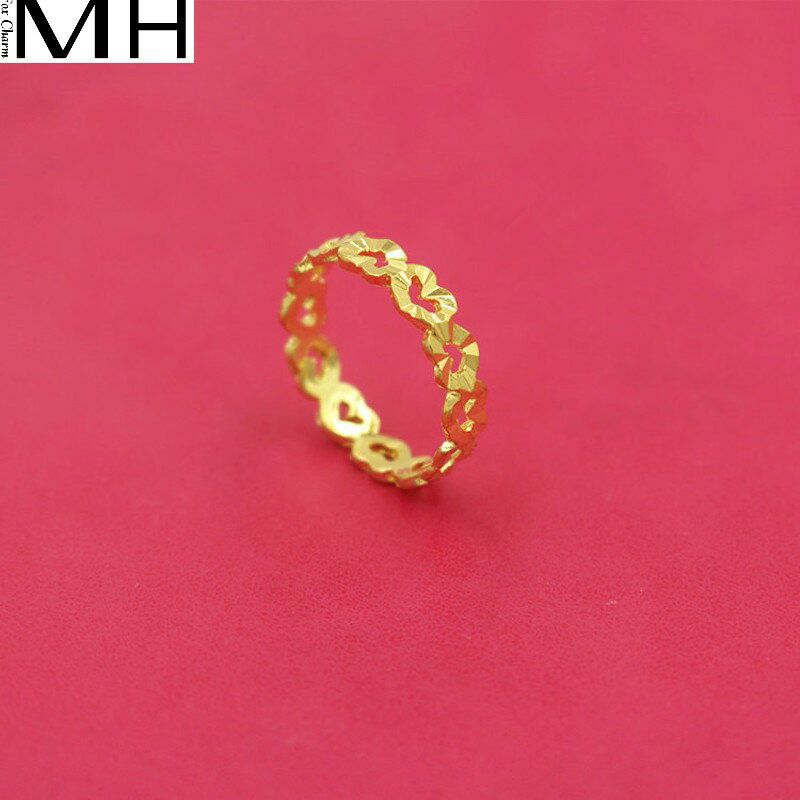 新款歐幣金沙金戒指女鍍24K金不掉色飾品鏤空愛心仿真黃金戒指環