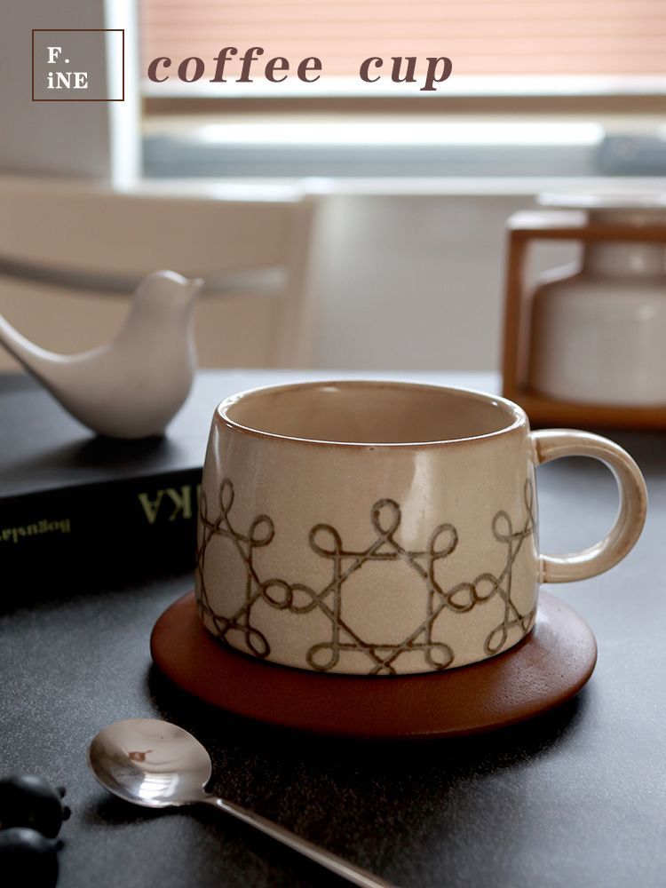 咖啡杯子 歐式復古花紋咖啡杯碟勺套裝高檔精致日系冷淡風粗陶瓷杯子馬克杯 免運