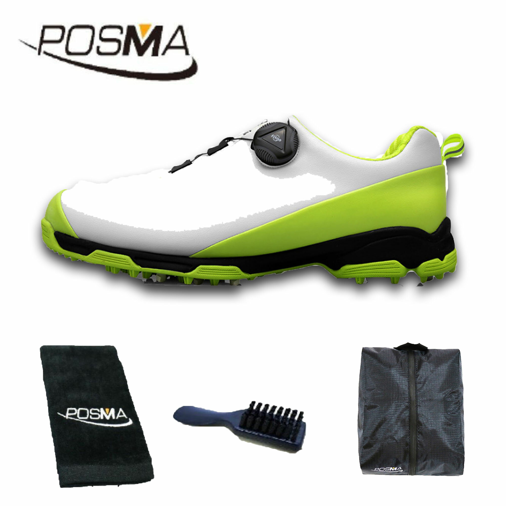 高爾夫球鞋 男士防水鞋子 pgm 旋轉鞋扣運動鞋 GSH090 白 綠 配POSMA鞋包 2合1清潔刷  高爾夫球毛巾
