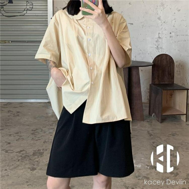 日系寬鬆娃娃領短袖藍色襯衫女【聚物優品】