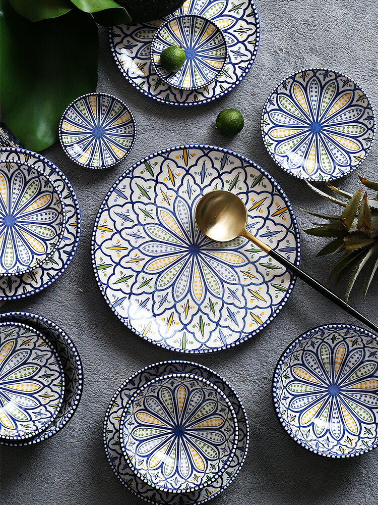 波西米亞陶瓷盤子北歐ins輕奢碗盤組合家用創意餐盤餐具網紅碟子