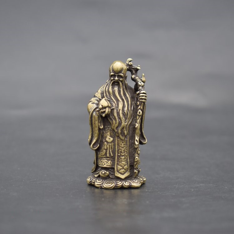 黃銅福綠壽小擺件袖珍銅壽星口袋佛仿古銅雕件古玩銅器雜項銅佛件1入