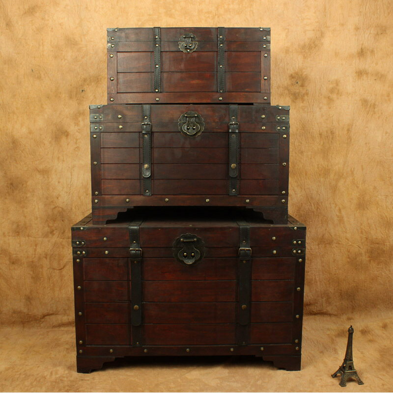 酒吧密室拍攝演出道具箱仿古木制海盜箱歐式復古藏寶箱帶鎖大木箱
