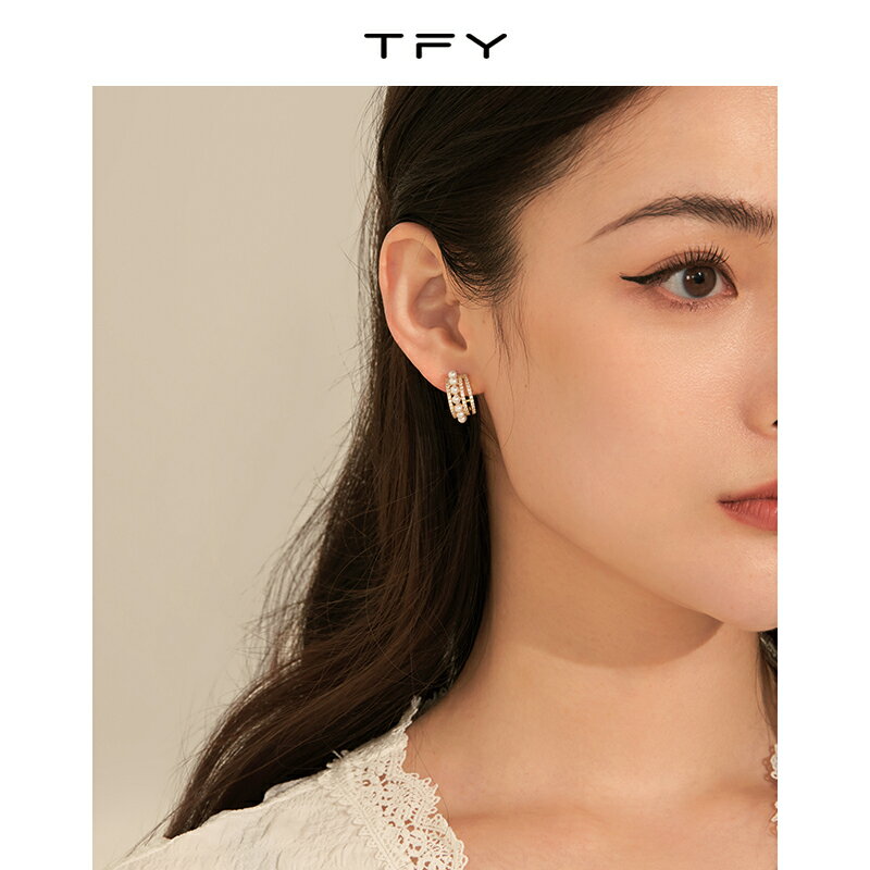 TFY鑲鉆弧形珍珠耳釘女年新款潮法式復古耳環氣質女神范耳飾