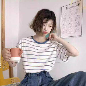 跨境條紋短袖T恤女夏季韓版新款港味寬松顯瘦學生女上衣潮