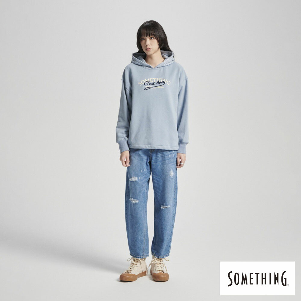 SOMETHING 拼接鋪棉長袖連帽T恤-女款 淺藍色