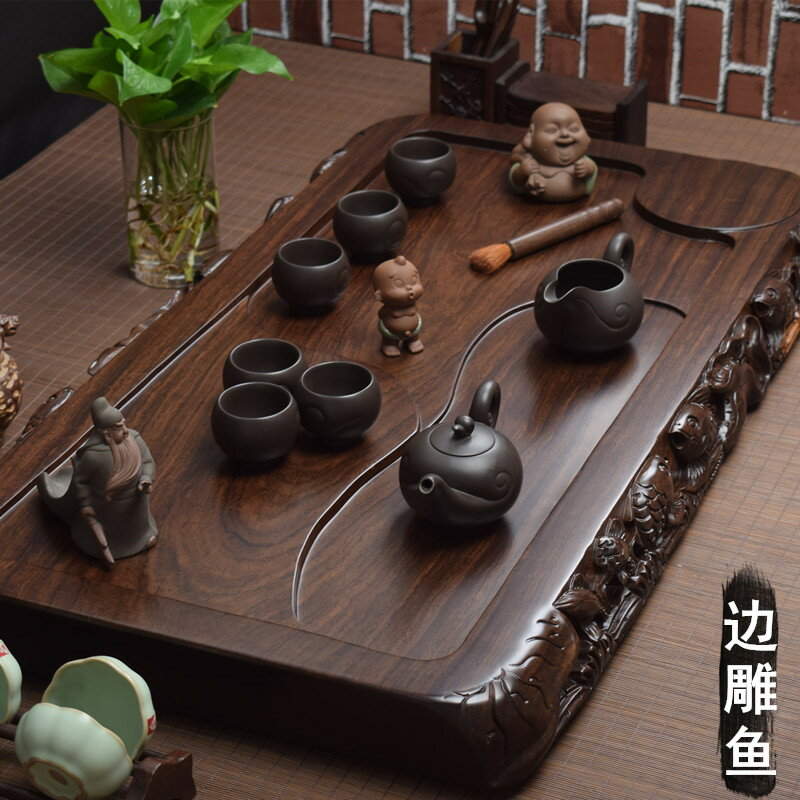 整塊黑檀木茶盤實木原木家用茶臺 大號紅木茶海 簡約排水功夫茶具