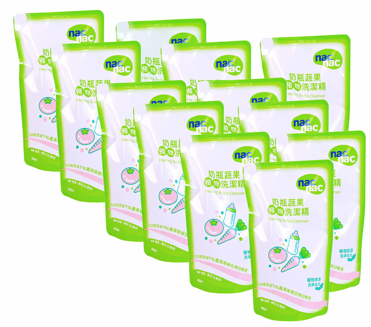 Nac Nac奶瓶蔬果植物洗潔精600ML補充包x12包，nac奶瓶清潔劑