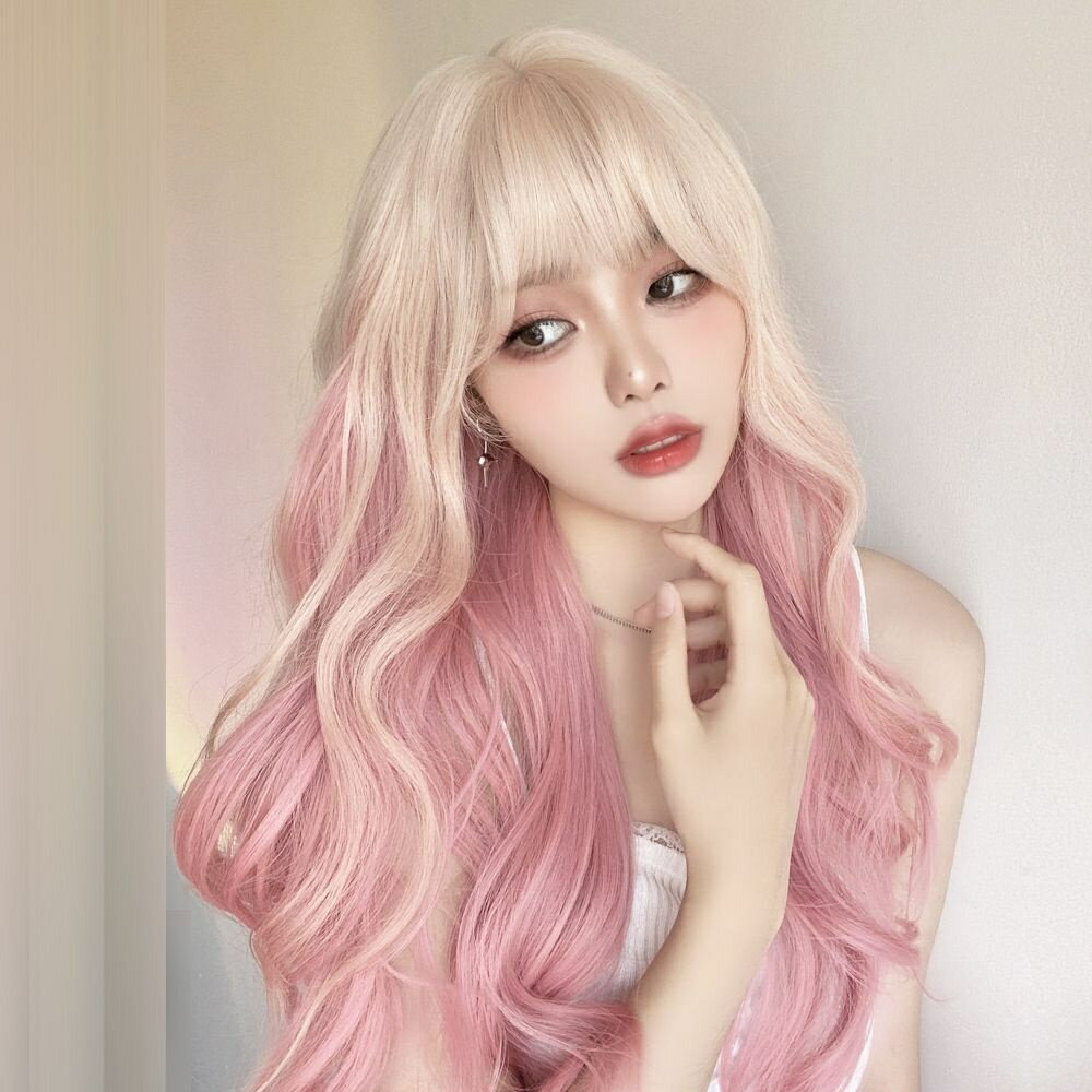 ⭐假髮女⭐白金漸變粉色長卷發潮酷網紅lo漸變彩大波浪整頂假髮