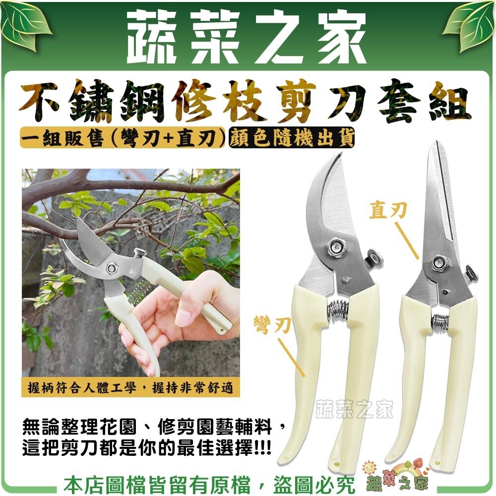 【蔬菜之家】不鏽鋼修枝剪刀套組(彎+直)顏色隨機 園藝果樹修枝彎直口剪套裝剪刀 不鏽鋼剪錠鋏