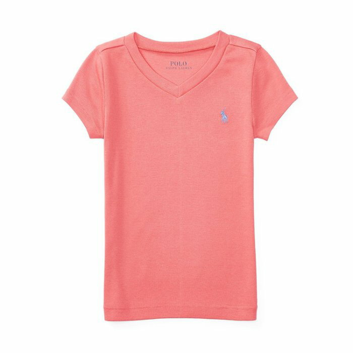 美國百分百【Ralph Lauren】V領 T恤 RL 短袖 T-shirt Polo 素面 小馬 鮭莓紅 女XS S號 青年版 I398