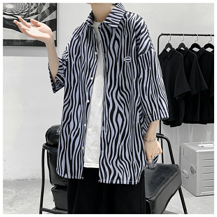 FINDSENSE X 男夏季斑馬紋短袖襯衫貼標印花襯衣外套